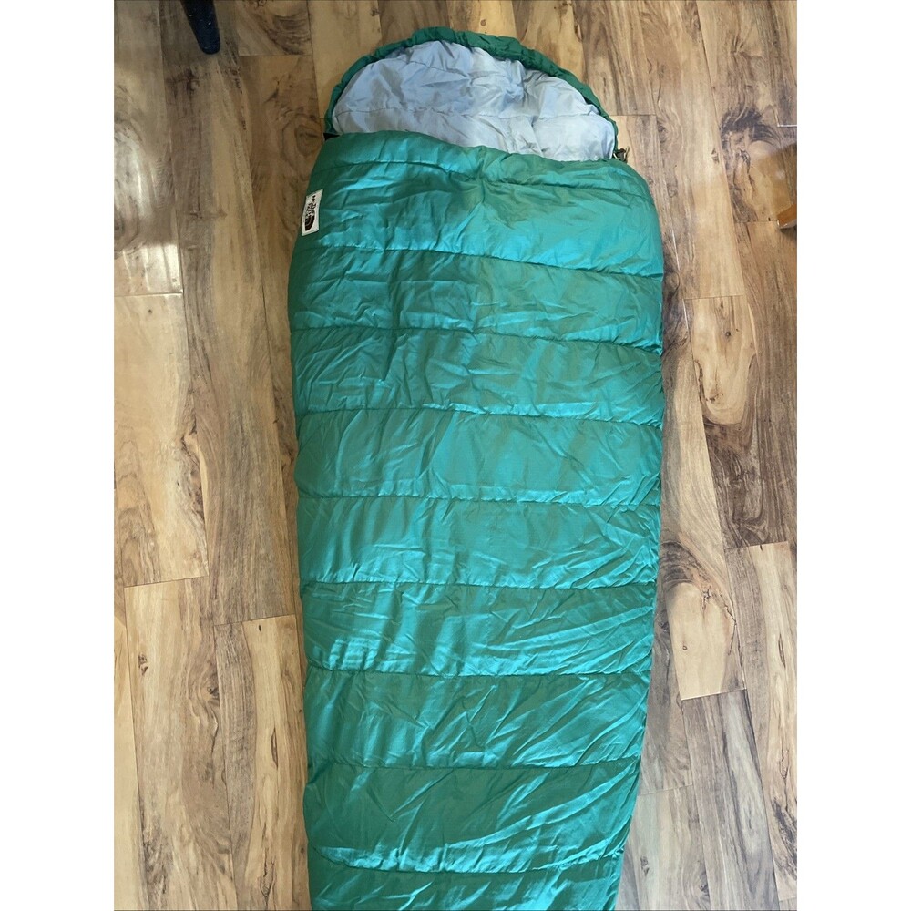 VTG The North Face Green Goose Down Mummy Sleeping Bag Brown Label 79”